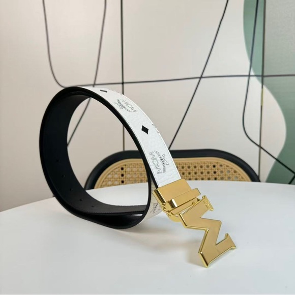 MCM White Belt with Gold M Buckle